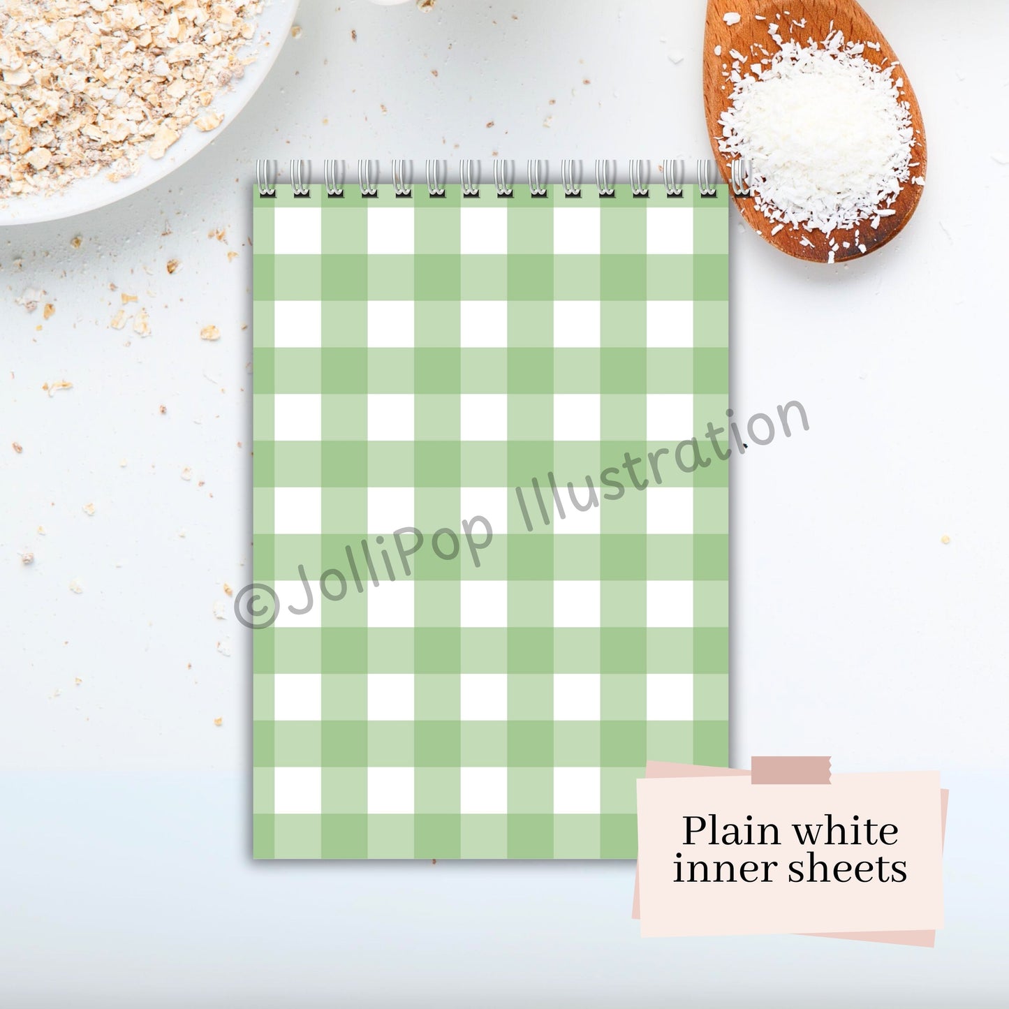 Plain Sheets - Green Gingham Cover - A6 Spiral Wire Mini Notebook